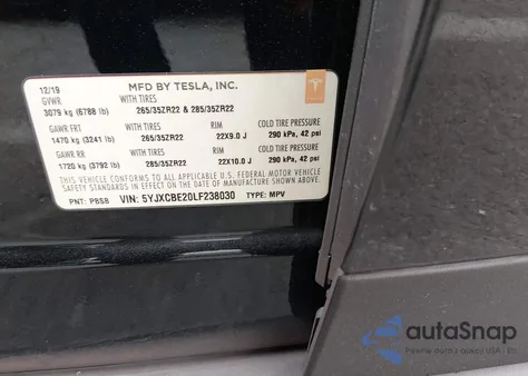 2020 Tesla Model X Long Range Dual Motor All-Wheel Drive/Long Range Plus Dual Motor All-Wheel Drive z USA, uszkodzony, nr VIN 5YJXCBE20LF238030